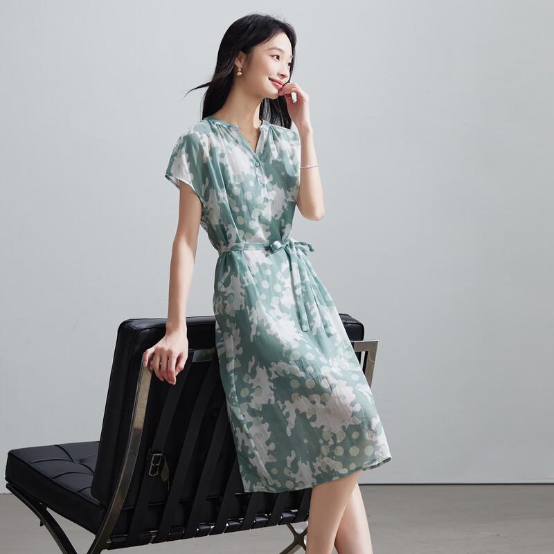 SOFSIL Elegant V-Neck Printed Ramie Midi Dress M