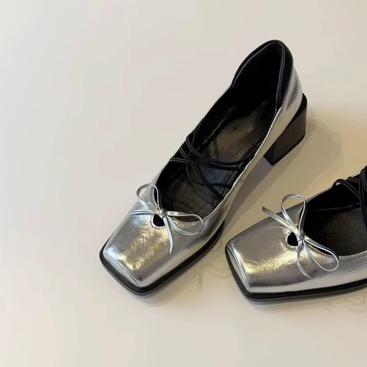 

Spot version retro cross strap Mary Jane shoes women s thick heel 5cm heightening bow light mouth small leather shoes single shoes 40