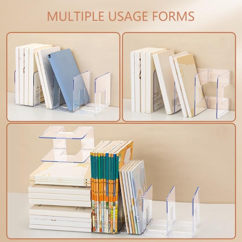 Acrylic Book End for Shelves 4 Compartments Book End Desk Book Stopper Magazine Stand Space Saving Book Organiser