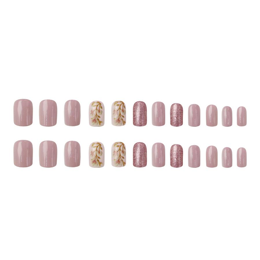 Gentle Nude Pink Flower Branch Wearable Nails Flower Glitter Short Fake Nails For Daily Commuting Wearable Nails