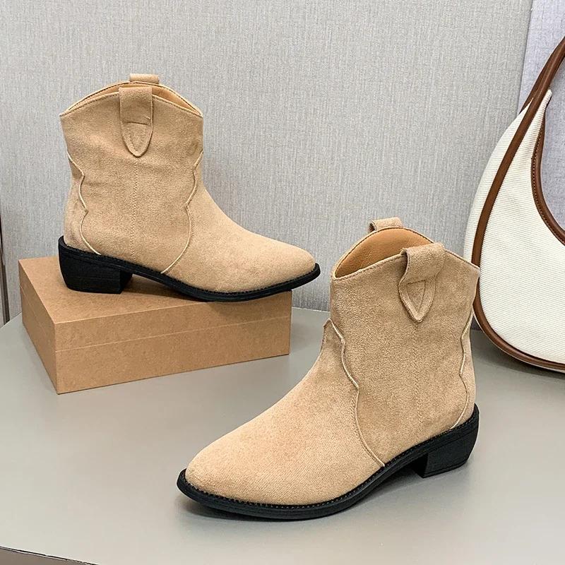 

4.5cm High Heel Boots Soft Suede Solid Color Women Autumn Shoes Mid-Calf Breathtable Motorcycle Boots Plus Size 43 35