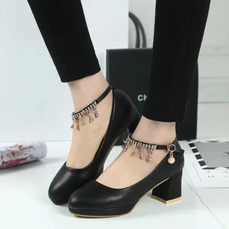 Women Elegant 6cm High Heels Lady Fashion Crystal Ankle Strap Thick Heeled Pumps Autumn 2025 Wedding Bridal Luxury Party Shoes