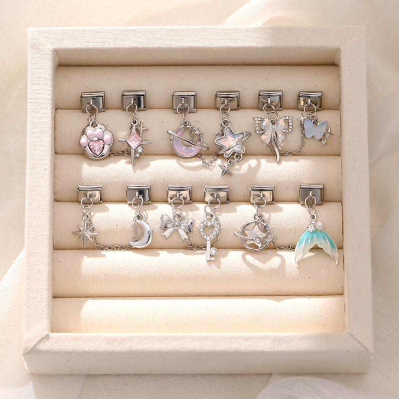 Zircon Bow Knot Moon Butterfly Star Cat Paw Tassel Chain Italian Charm Links Fit 9mm Stainless Steel Bracelet Women DIY Making