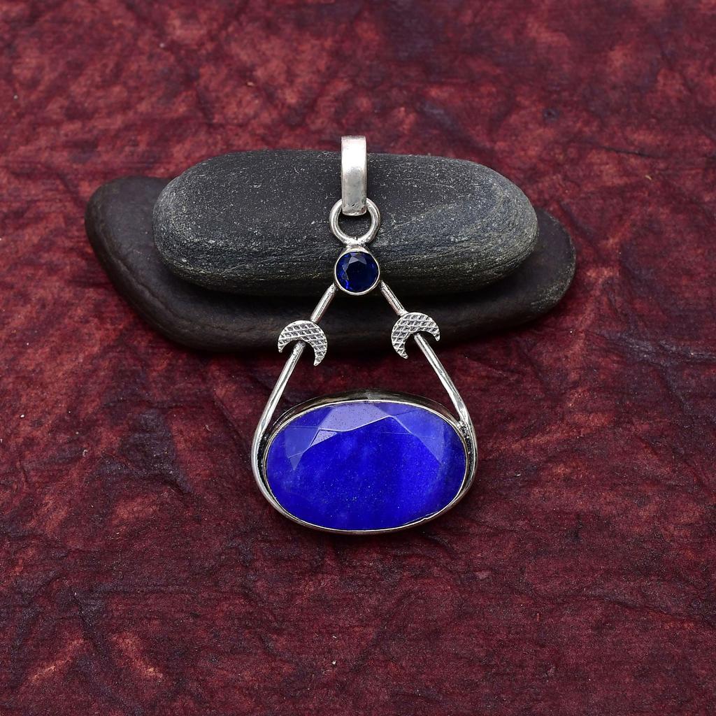 Blauer Saphir Edelstein Anhänger : 925er Sterlingsilber Handgefertigter Schmuck Anhänger