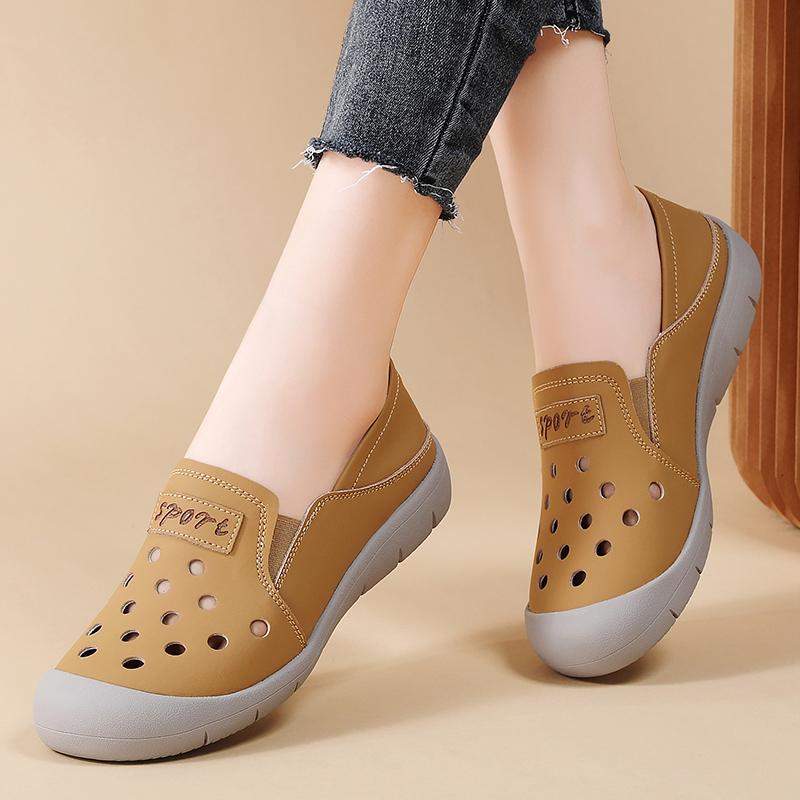 Genuine Leather Women's Flats 2 In 1 Casual Shoes Ladies Elastic Walking Shoes Slip-on Loafers Round Toe Slippers Waterproof Working Shoes