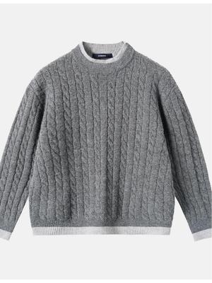 Men's Color Block Cable Knit Sweater, Fake Two-Piece, Round Neck, Versatile Casual Fashion.