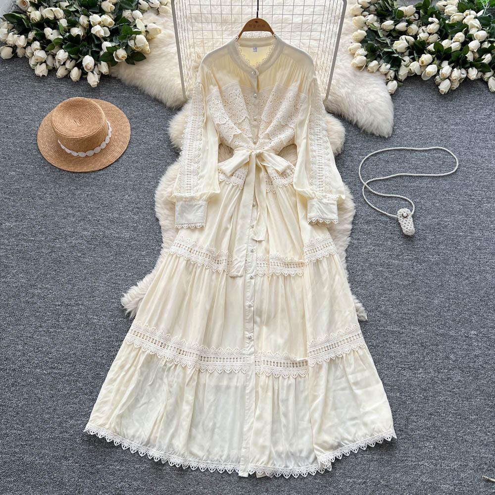 Retro court style lantern sleeve dress women's summer hollow crochet single-breasted light mature temperament royal sister long skirt