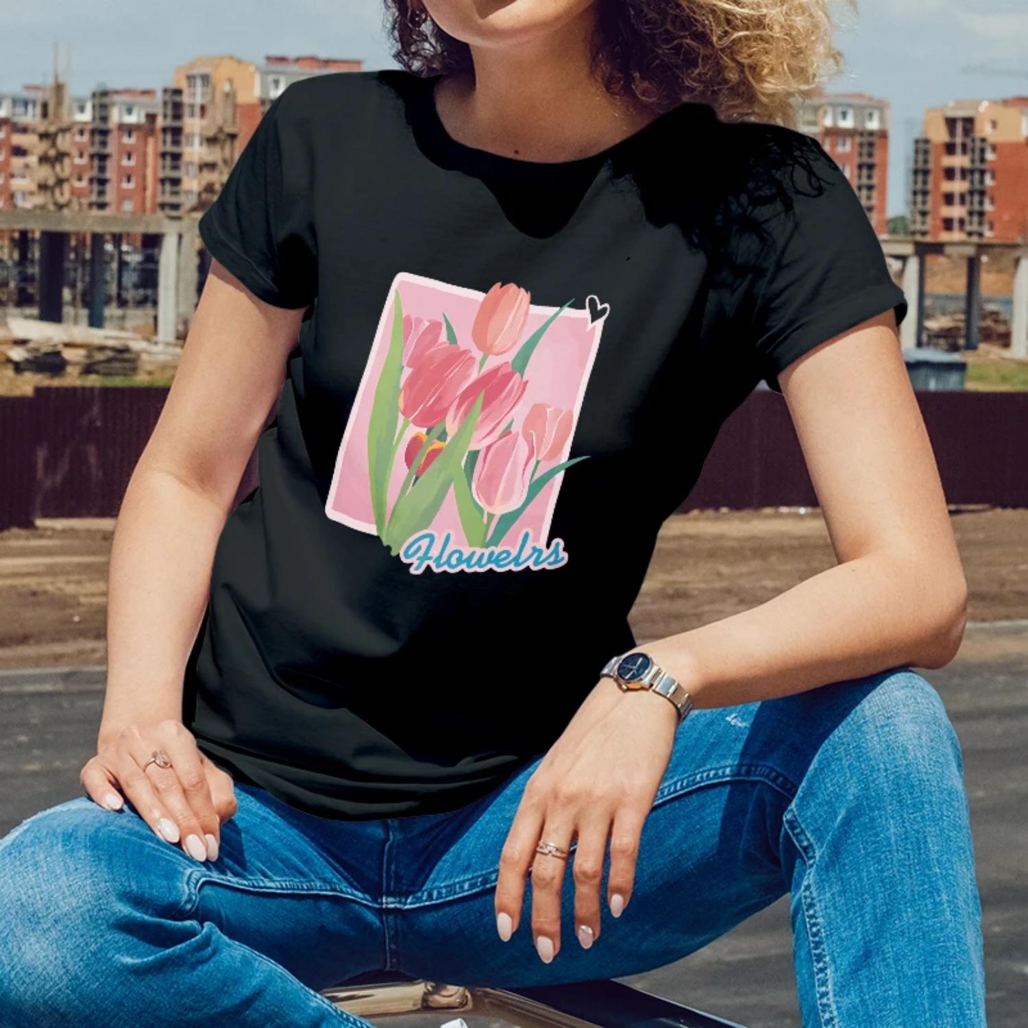 

Women s Short Sleeve T-Shirt Flower Tulip Print for Outdoor Summer Outings Young Women with a Sweet Charming Style XXXXXL чорний