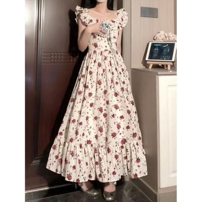 Square Collar Rose Floral Suspender Dress Summer Seaside Vacation Thin Beach Dress Small Fly Sleeves Medium and Long Skirt