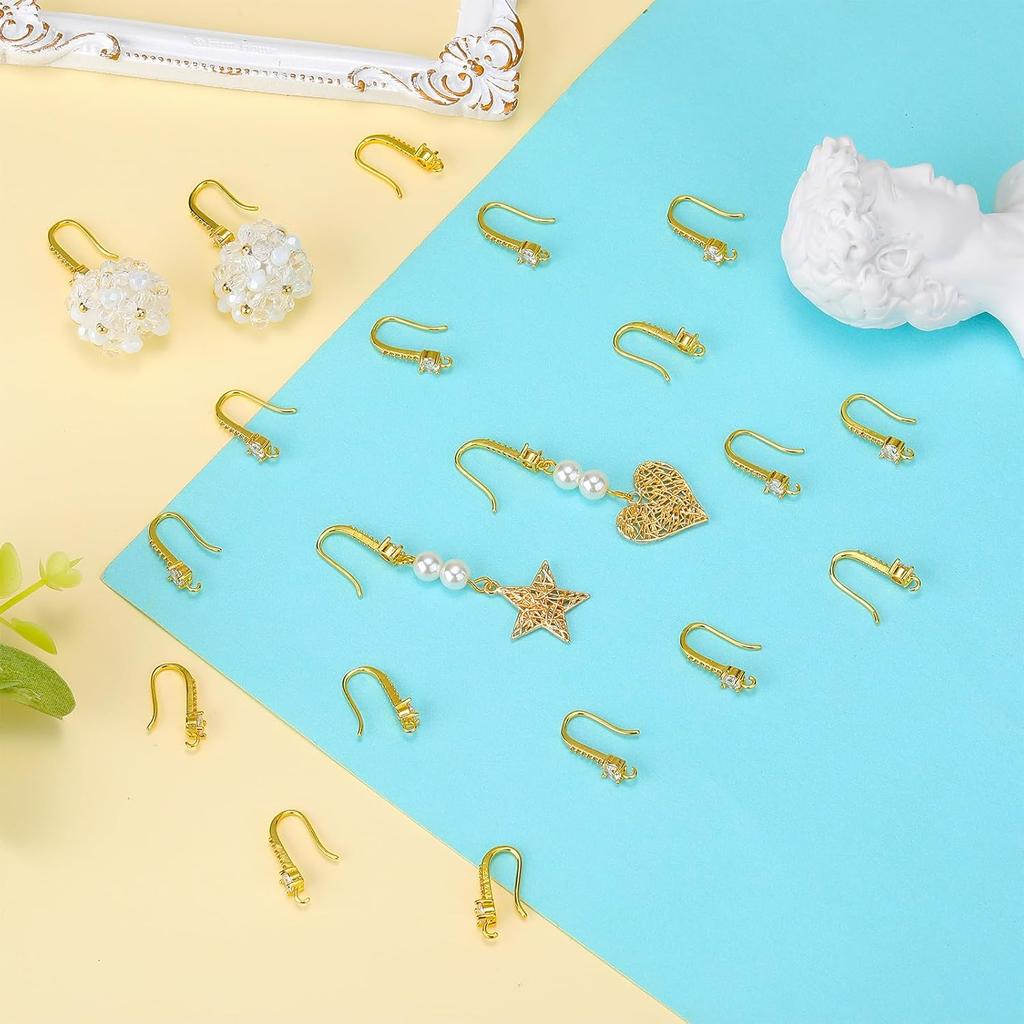 BEEFLYING 20PCS Golden Cubic Zirconia Earring Hooks Ear Wires Findings with Dangle Loops for Women DIY Jewelry Making Crafts