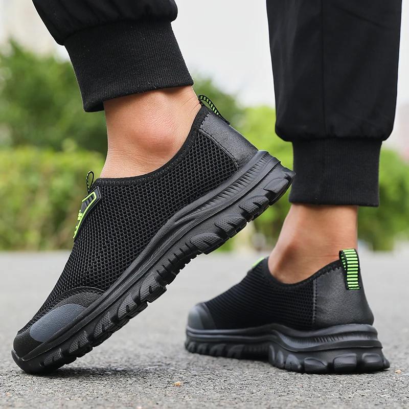 Outdoor Men's Slip on Shoes Cool in Summer Mesh Anti Slip Walking Shoes Fashion Breathable Comfortable Black Sneakers for Men