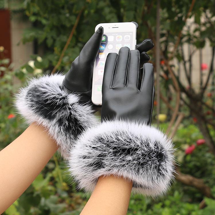 Warm Leather Gloves for Women In Autumn and Winter Outdoor Riding PU Leather Color Rabbit Fur Mouth Plus Velvet Cold Proof Touch Screen Gloves