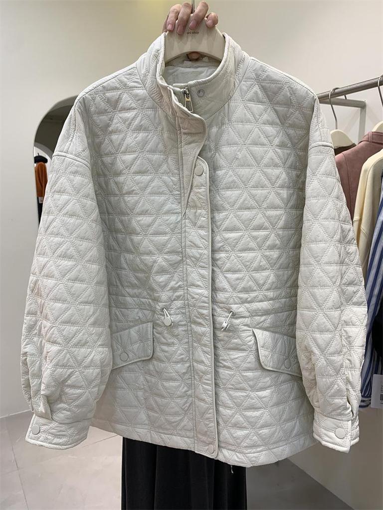 Korean-Style Diamond Pattern Lightweight Down Cotton Jacket for Women - Stand Collar, Waist-Cinching, 2025 Autumn/Winter Collection