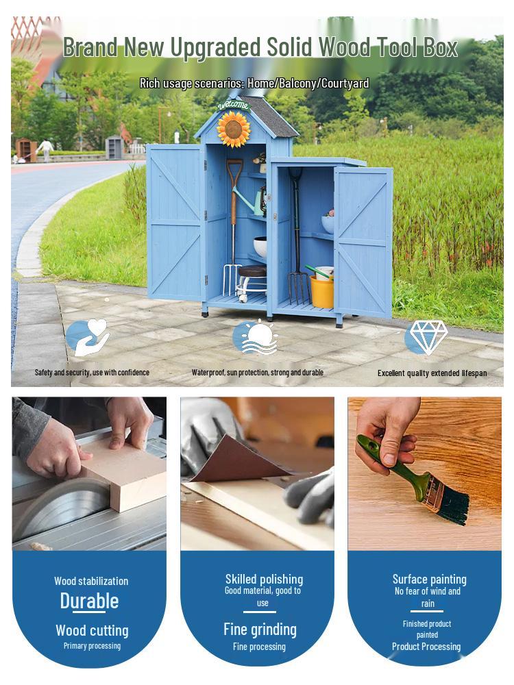 Waterproof Outdoor Wooden Storage Cabinet for Garden Tools - Anti-Corrosion and Sun Protection, Ideal for Courtyard and Balcony Use.