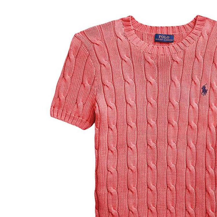 Polo Ralph Lauren Jednobarevný žebrovaný úpletový svetr s krátkým rukávem a kulatým výstřihem Dámské topy Růžový 211910987-014