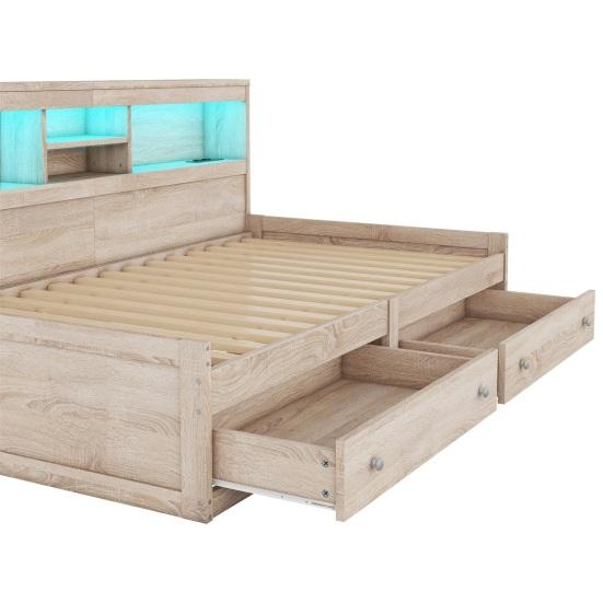 Single Bed Daybed 90x200cm Sofa Bed Bedside Cabinet with 2 USB And Charging Sockets Youth Ambient Lighting Two Drawers Slatted Frame (without
