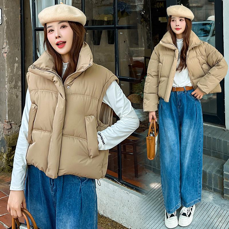Kurze Daunenweste für Damen 2025 neu verdickt warm Stehkragenjacke mit abnehmbaren Ärmeln Baumwolljacke