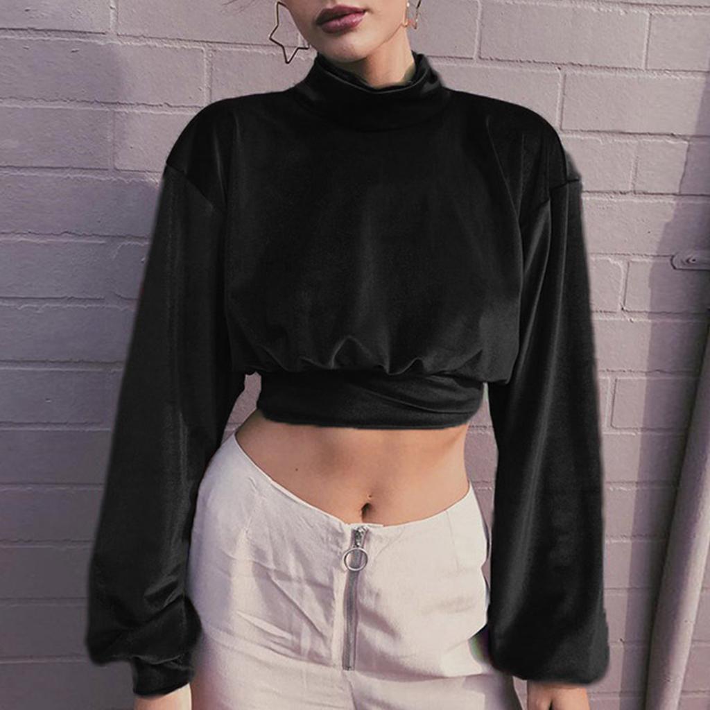 Women High Neck Velvet Crop Top Long Sleeve Pullover Loose Fit Short Length Soft Touch Elegant Simple Style Shirt Blouse