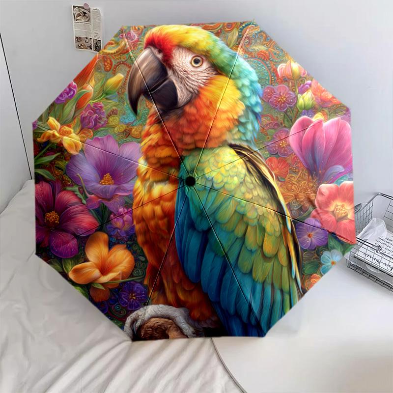 Flower Parrot Pattern, Automatic Folding Umbrella, Portable and Foldable Design, 8 Ribs, a Christmas or Birthday Gift.