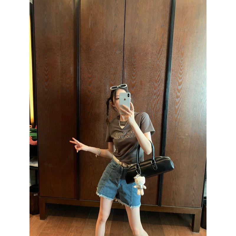 

District Ouyang Patchwork Belt Raw Edge Denim Shorts Women s Summer Thin Denim Retro Wide-Leg Pants Pants Blue((In Stock)) S