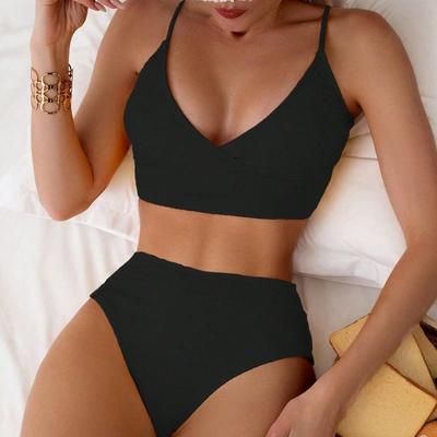 1011 New Split Swimsuit European and American Suspender Solid Color Halter Sexy Bikini High Waist Swimsuit Women