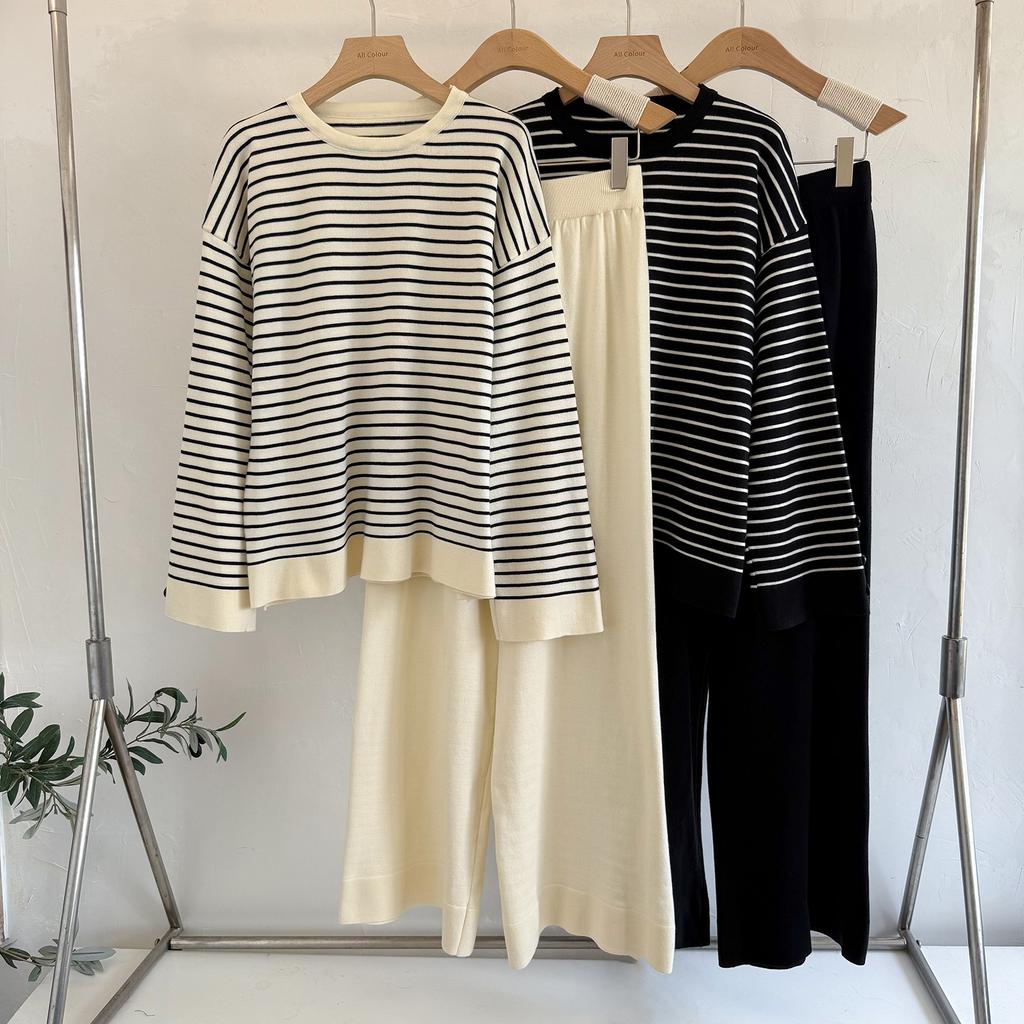 Korean Casual Suit Women's Autumn and Winter Women's Clothing Striped Top Casual Wide-leg Pants Fashion Temperament