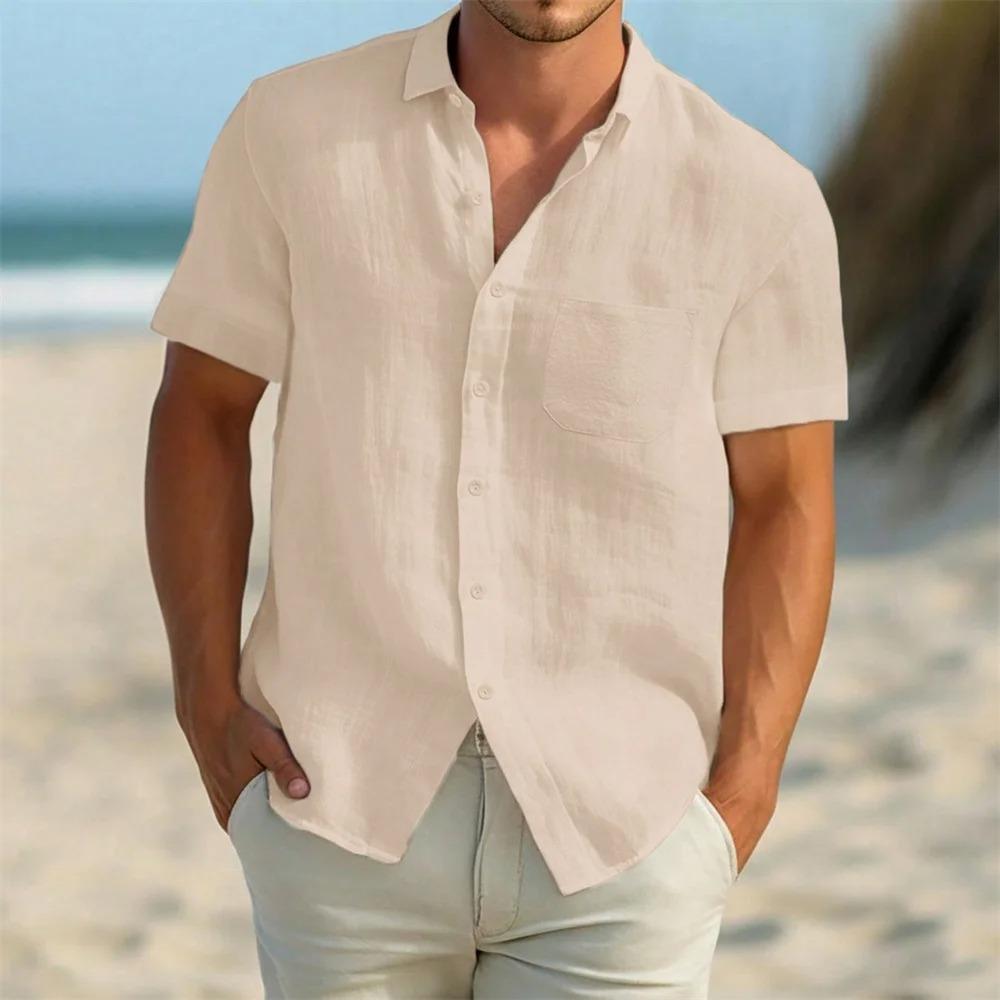 Lightweight Summer Linen Blend Short Sleeve Shirt for Men - Breathable Button Down Chest Pocket Casual Vacation Tops In Solid Colors