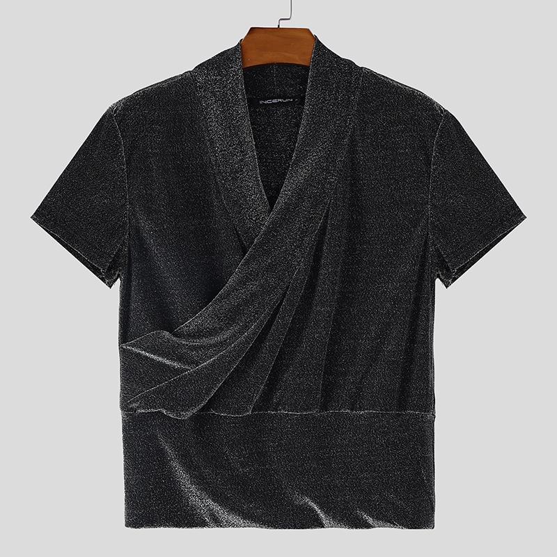 

INCERUN Mens V Neck Short Sleeve Semi-Sheer Front Cross Glitter Casual Crop T-shirts M