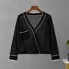 Cardigan de viscose com decote em V de manga comprida e botão pulôver para mulheres casual preto e branco gelo proteção UV seda chiffon blusas camisas com bolsos