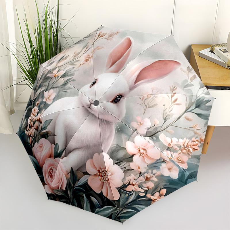 1pc Bunny Floral Automatic Folding Umbrella, 8-Rib Sturdy Canopy, Portable Travel Umbrella for Outdoor Use