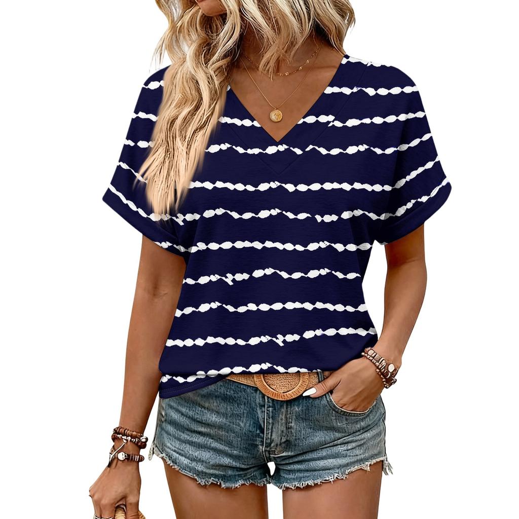 Damen Sommer Oberteile Kurzarm V-Ausschnitt Hemden Lässig Elegant Sommer Blusen Tunika Top