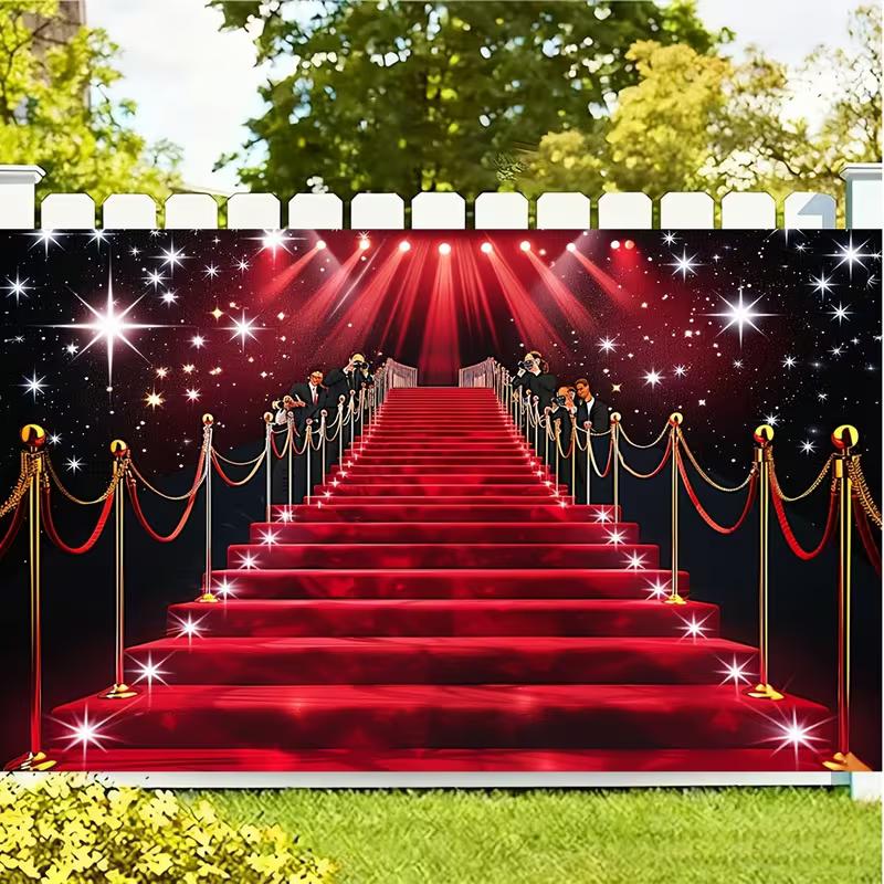 2D Glitter Red Carpet Stair Wall Tapestry, Celebrity Event Spotlight Backdrop for Parties