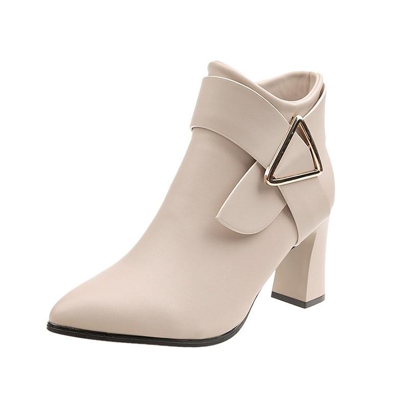 Womens Pointed Toe Chunky Heel Side Zip Ankle Boots PU Leather Fashion Winter Short