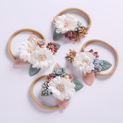 Nylon Baby Flower Pearl Hair Bands Birthday Girls' Headbands and Hair Accessories with Ponytail Holders and Scrunchies