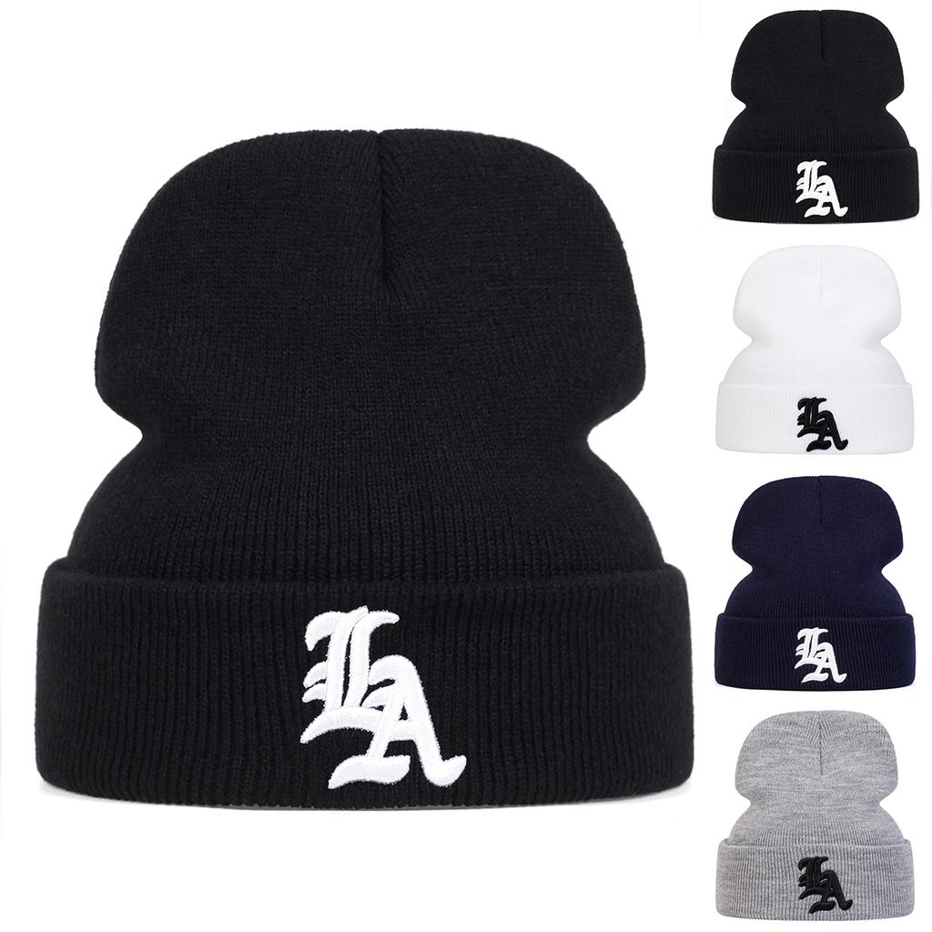 Personalized Gothic LA Letter Embroidered Knitted Hat Outdoor Warm Leisure Hat Autumn Winter Travel Tourism Beach Vacation Cold Cap Wool Caps