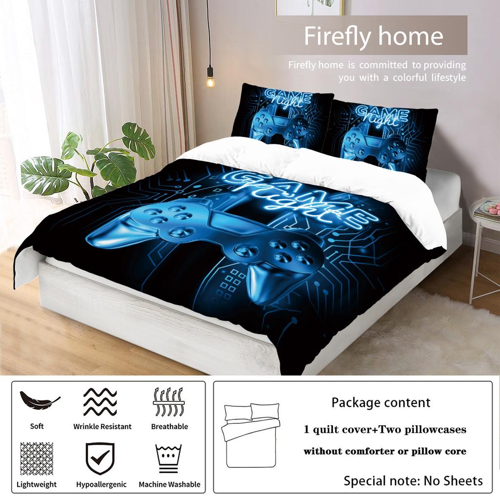 3 pieces of down printed duvet cover set with game controller pattern (1 duvet cover+2 pillowcases, without core), soft bedding