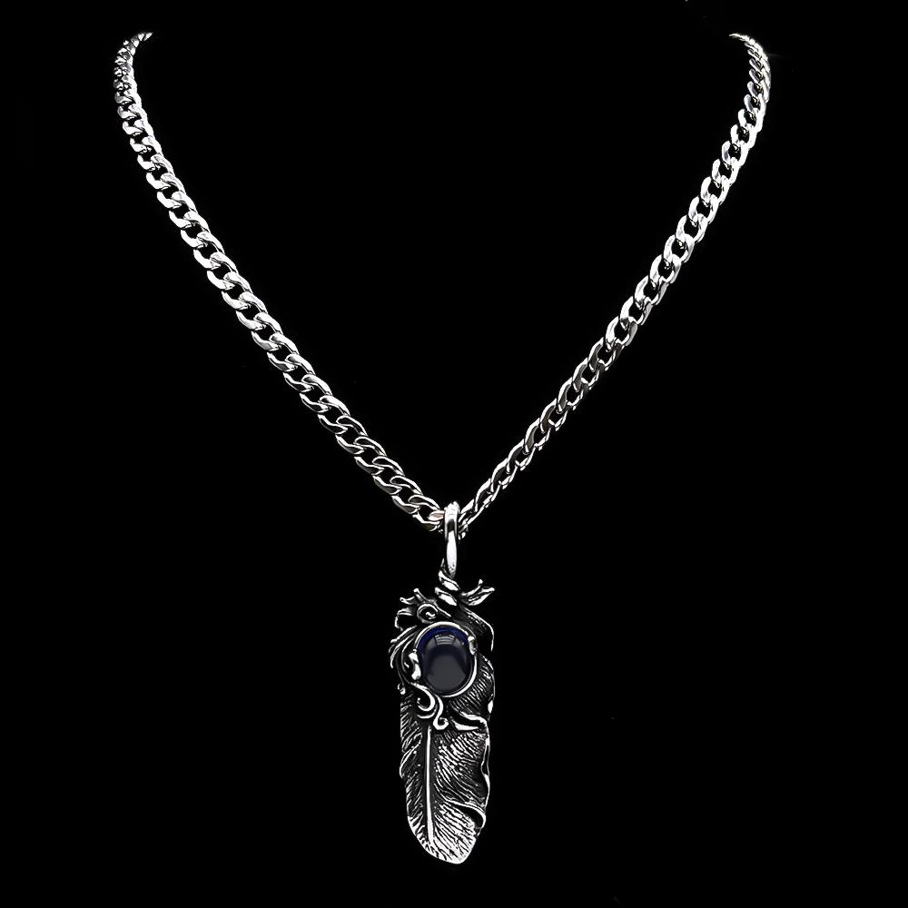 Antiqued Boho Feather Blue Glass Pendant Necklace for Women Men 316L Stainless Steel Chain Silver Color Hip Hop Amulet Jewelry