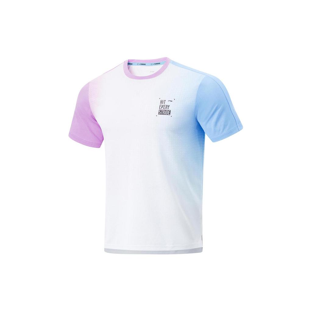 Li Ning Running Collection T Shirt Men's Standard White Fluorescent Sky Blue Rose Purple Full Base Print ATSU191-6