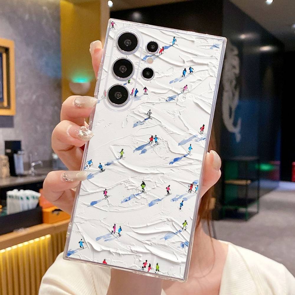 Skiing sports art oil painting style Phone Case For SamsungS25,24,23,22,21,30,Ultra,20,Plus,Lite,Soft Silicone Transparent Cover