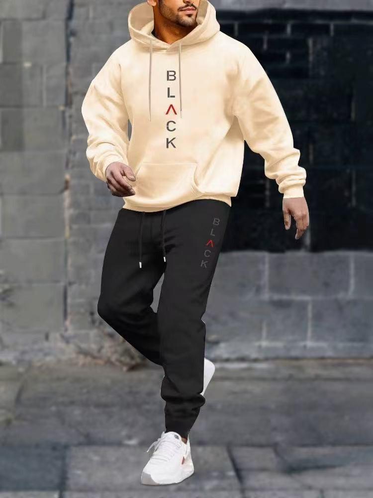 Black Retro Letter Print Men's 2-Piece Set: Hoodie Sweatshirt & Jogging Sweatpants for Winter