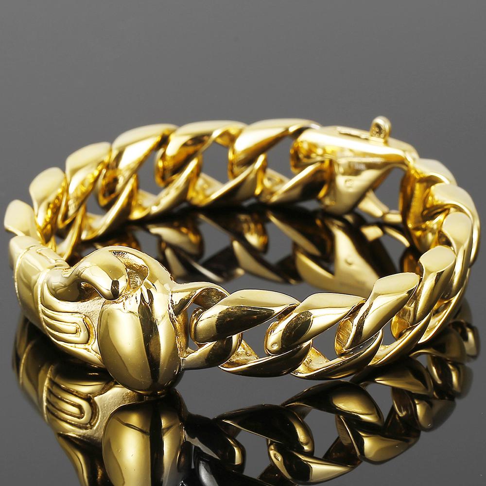 15MM Vacuum Plating Gold Color Men's Cuban Link Chain Bracelet Punk 316L Stainless Steel Boxing Gloves Style Bracelet for Men