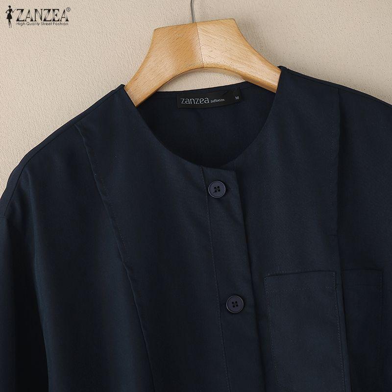 ZANZEA Women Casual Round Neck Solid Color Long Sleeve Blouse