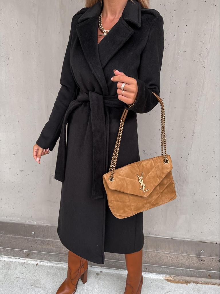 Women's Spring/Autumn Simple V-neck Wool Long Coat with Tie