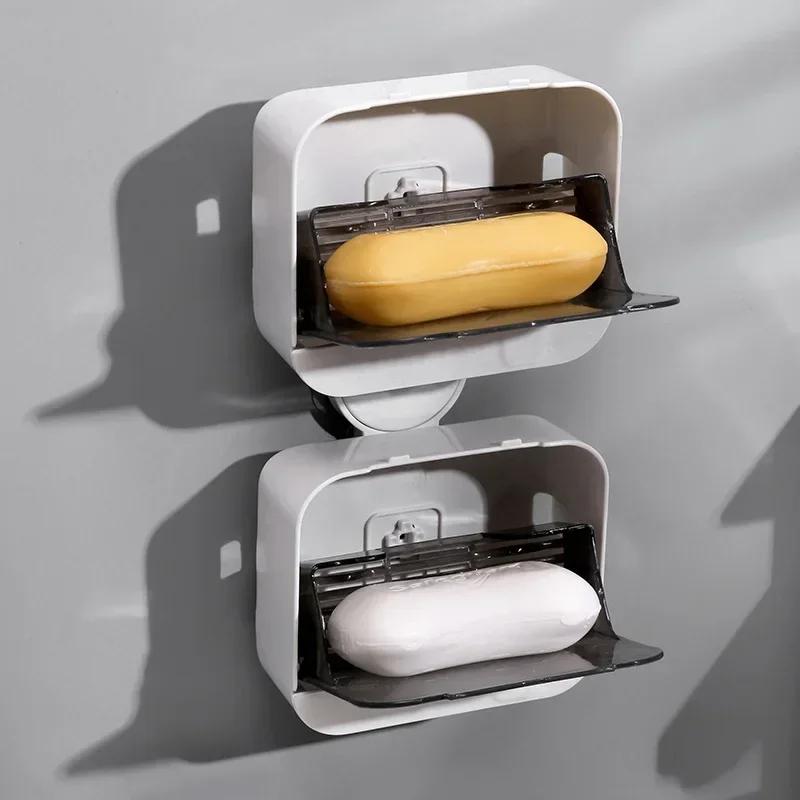 Bathroom Soap Holder Flip Lid Soap Storage Box Wall Mounted No Punch Soap Dish with Drain Storage Rack Soap Sheets Soap Saver