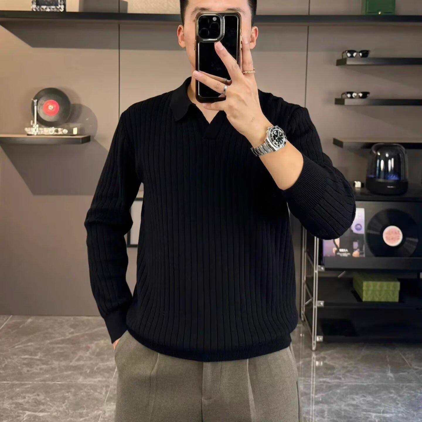 Мужской вязаный поло в европейском и американском стиле: Приталенная толстовка с длинным рукавом и фактурным воротником-лацканом L