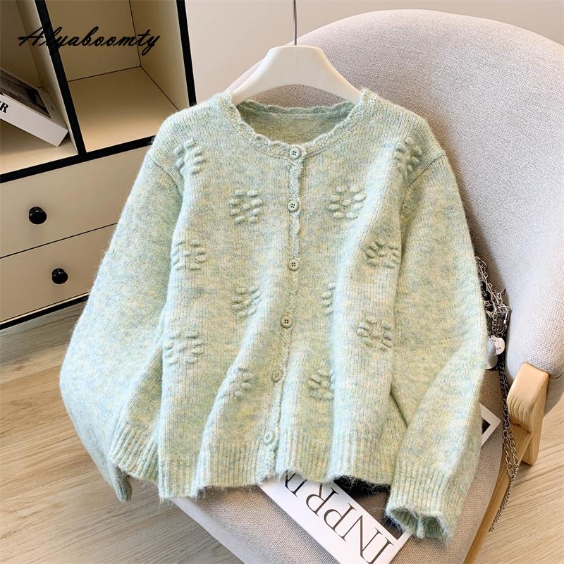 Korean Fashion Autumn Winter Women Sweater O Neck Yellow Pink Green Floral Knitting Cardigan Knitted Sweet Basic Ladies' Outerwear