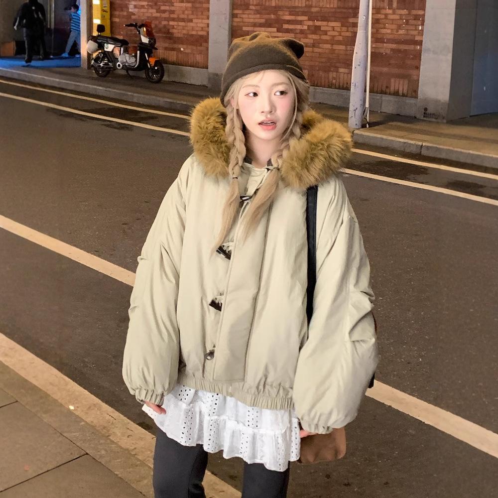 

Большой меховой воротник, меховой воротник с роговыми пуговицами, хлопковая одежда для женщин, новая ретро-утепленная куртка-пирожок для преодоления теплой зимы XL темно-синий