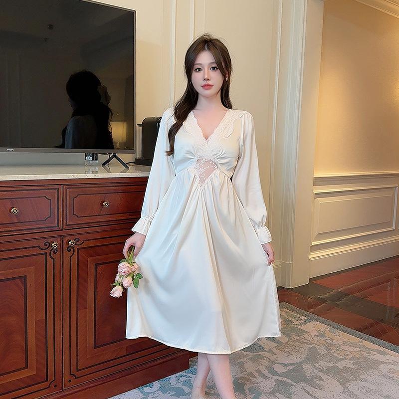 Spring Nightgown Grace Burgundy Sleepshirt Women Lace V-Neck Nightwear Satin Homedress Long Sleepwear Loungewear