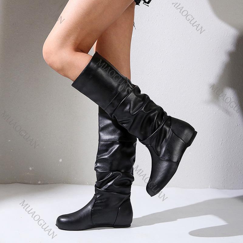 Fashion Large Size Flat Knee High Boots for Women Spring Autumn Casual Shoe Solid Color Round Toe Pleated Thigh High Knight Botas Female