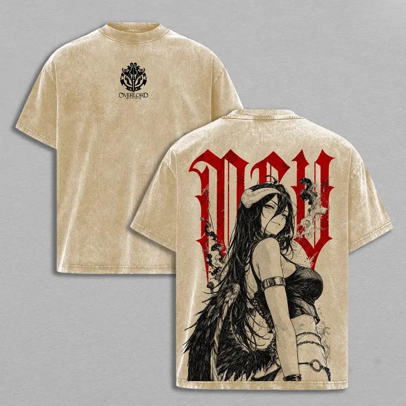 Anime Overlord Albedo Printed Tee Men Women Short Sleeve Cotton Tshirts Vintage Washed T-shirt Harajuku Male Oversized T Shirt